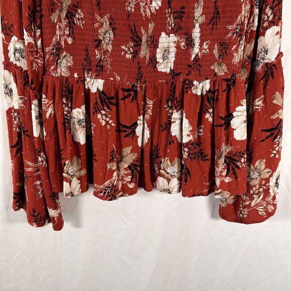 Torrid Blouse Women's 1 1X Brown Floral Bell Long Sleeve Round Neck Rayon - Picture 3 of 9